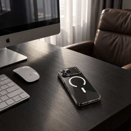 A clear smartphone case with a white circular ring graphic and a small white vertical mark, shown on a phone resting on a dark wooden desk in a modern office setting.