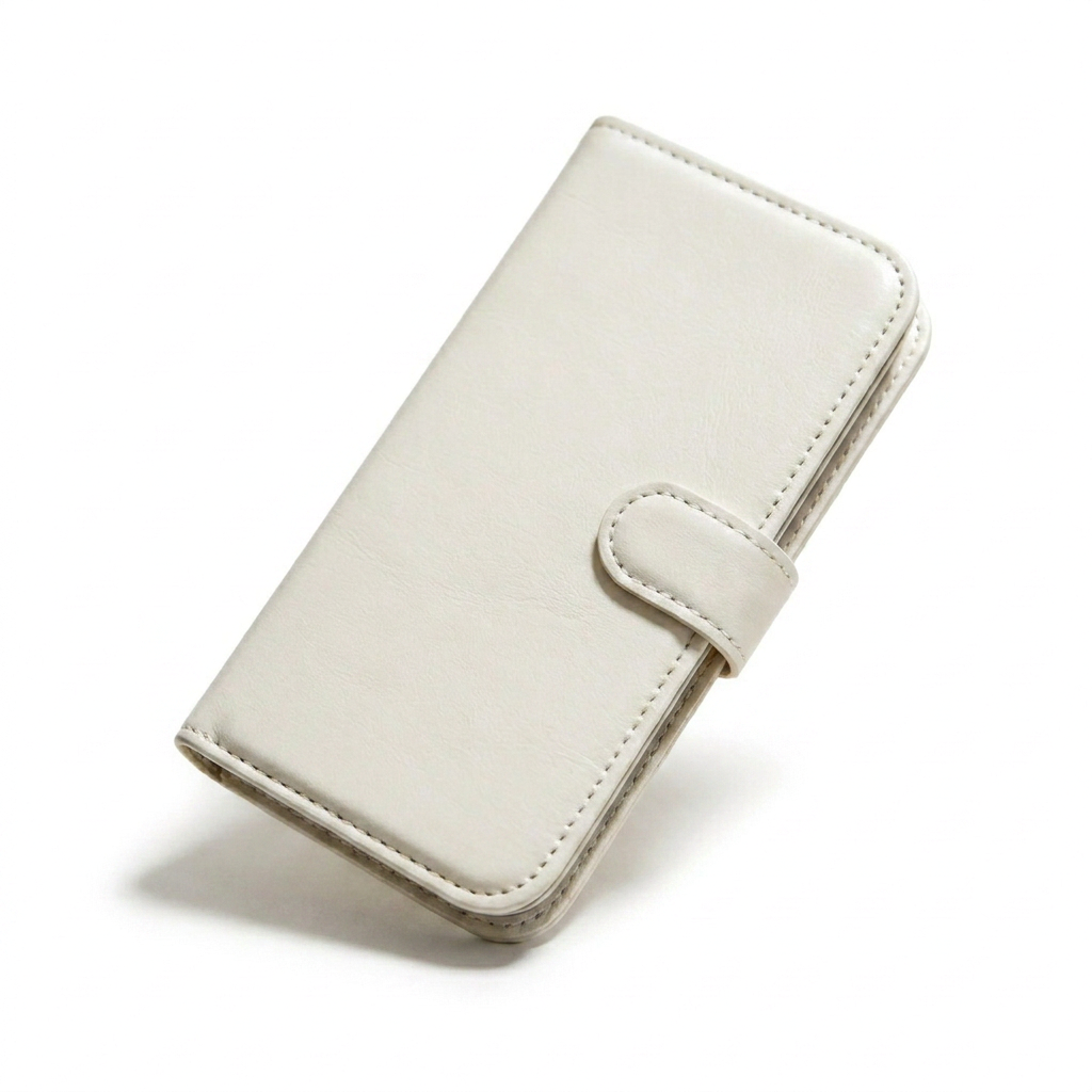 Closed cream wallet phone case lying diagonally, showing its subtly textured cover, stitched border and rounded closure tab.