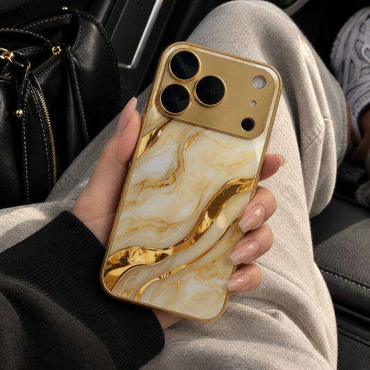 Image showing luxury Marble Phonein Car Interior, featuring iphone gold marble pattern tempered glass case with shockproof & scratch protection.
