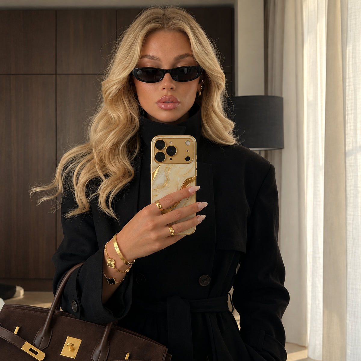 Image showing luxury Mirror Selfiewith Gold Marble Phone, featuring iphone gold marble pattern tempered glass case with shockproof & scratch protection.