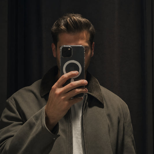 Image showing moody Mirror Selfiewith Mag Safe Phone, featuring iphone clear magsafe magnetic case with shockproof bumper & wireless charging.