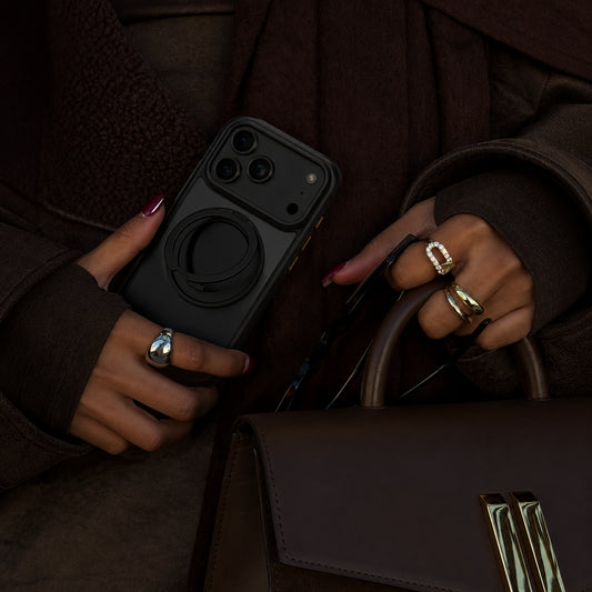 Image showing moody Smartphoneand Leather Handbag, featuring iphone magsafe case with 360° rotating stand & shockproof protection.