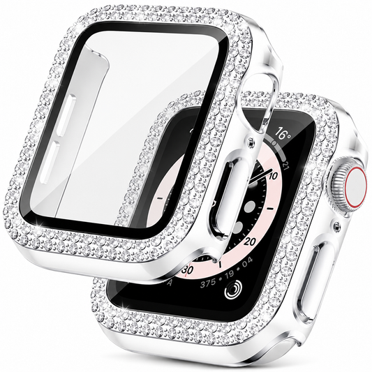 A silver-colored smartwatch cover floats beside a matching covered watch. Two rows of clear rhinestone-like stones border the transparent screen panel, with openings for side controls.