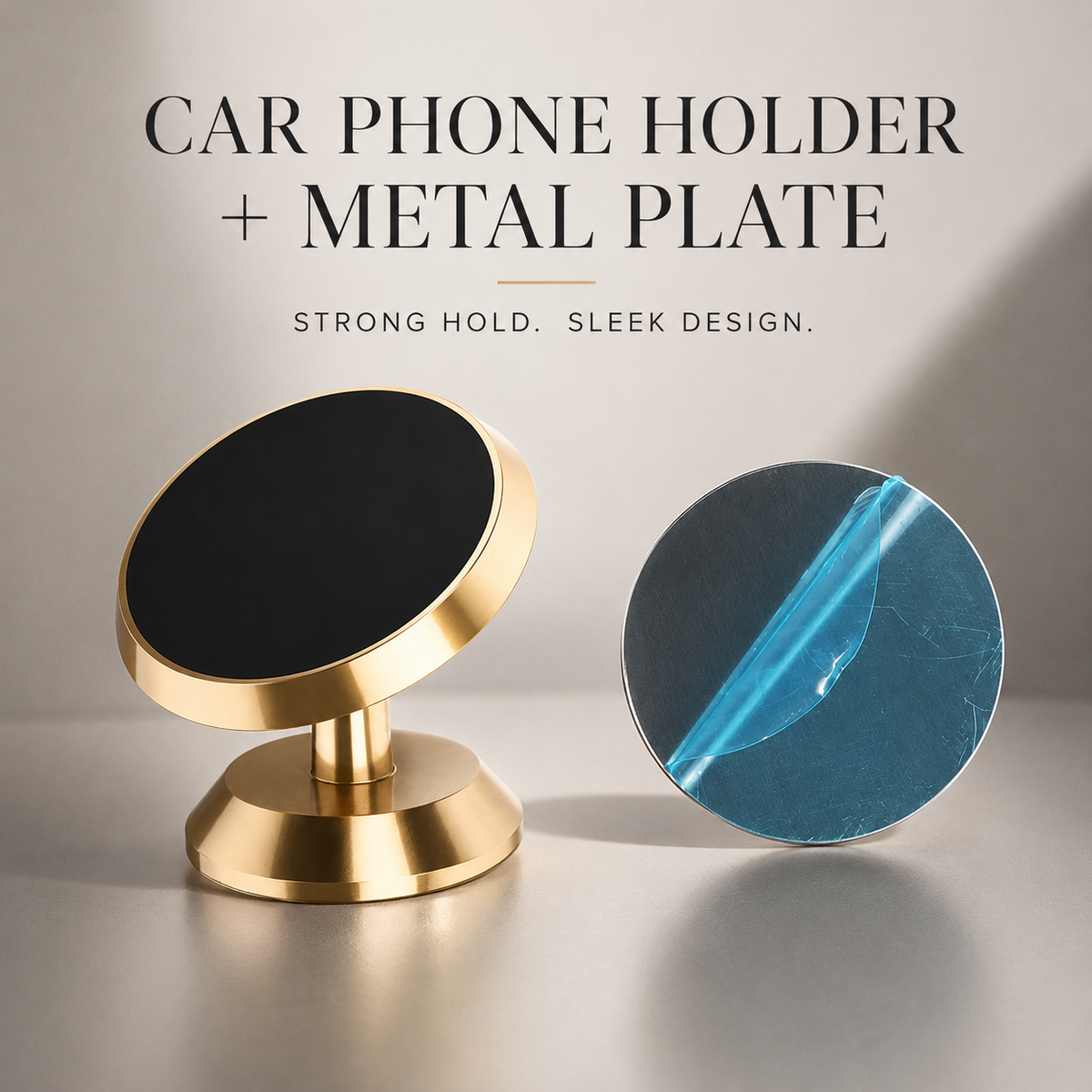 A gold-colored round phone mount stands beside a separate circular metal attachment plate with its blue protective film partly peeled back.