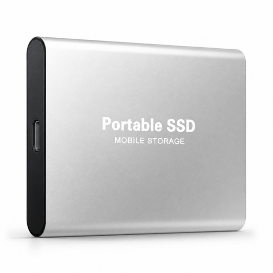 A silver-colored rectangular drive stands upright, labeled 'Portable SSD Mobile Storage,' with rounded edges and a USB-C-shaped port on its black side.