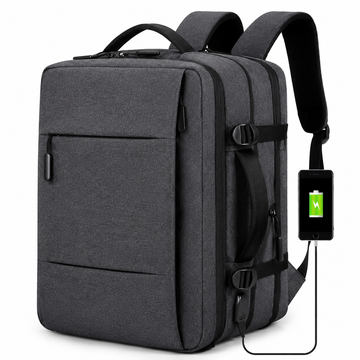 A charcoal backpack stands beside a phone connected by a black cable to its side port. A green battery symbol illustrates charging.