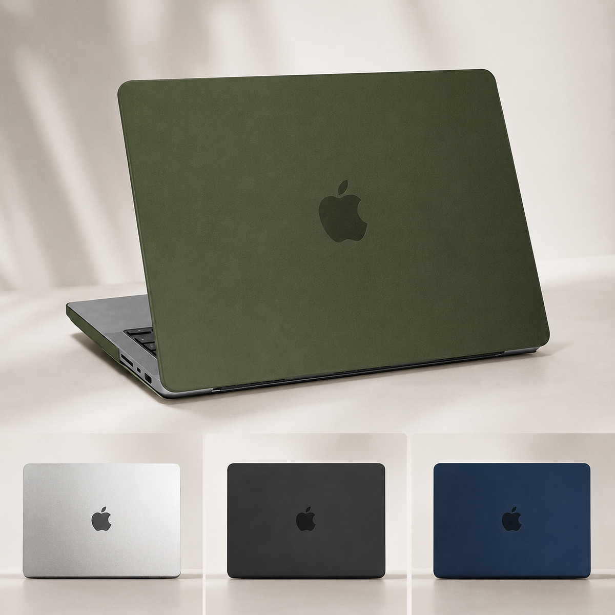 An open MacBook displays an olive green lid cover and centered Apple logo. Smaller images below show pale silver, black, and navy blue versions.