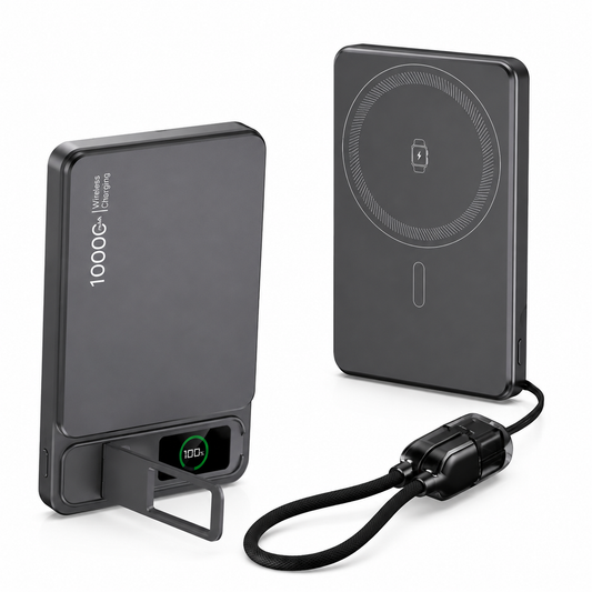 Two views show a dark gray rectangular power bank with a fold-out stand, small digital display, circular charging surface and black looped cable.