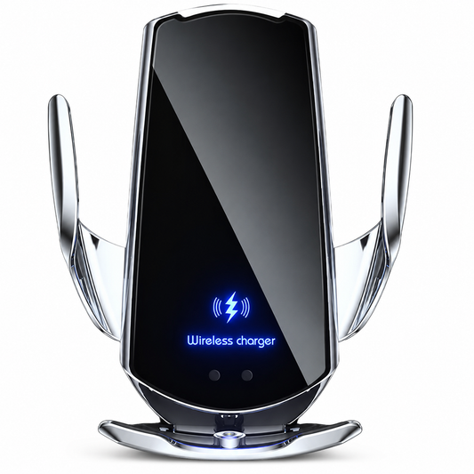 Front view of a glossy black car phone charging cradle with silver-colored side arms and lower support, plus a blue illuminated wireless charging symbol.