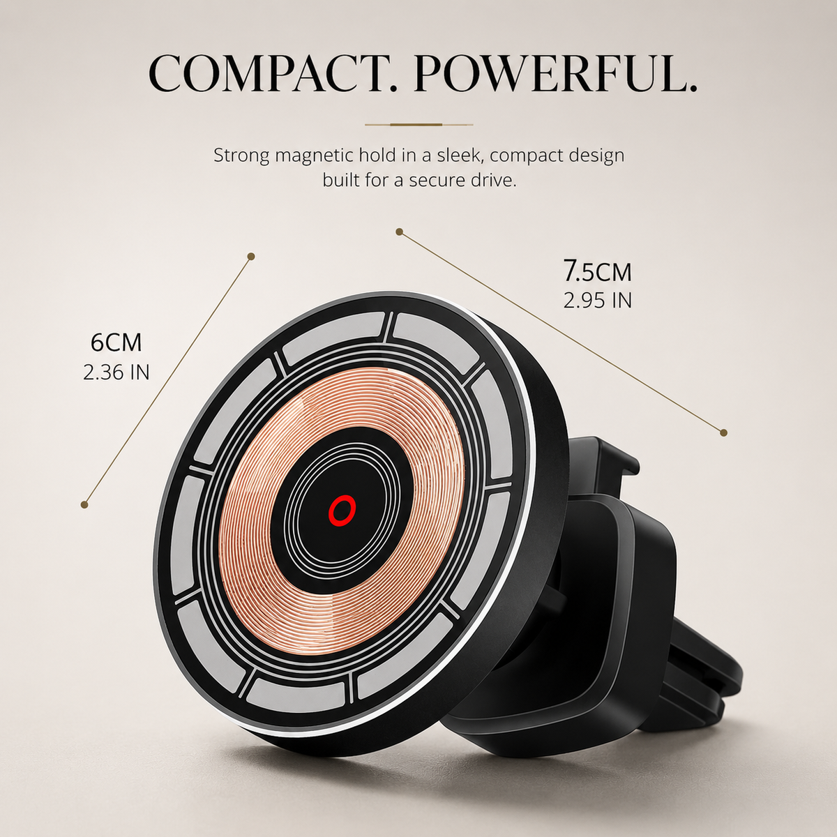 A round black charger with visible copper-colored coil stands with its vent clip. Dimension callouts label 6 centimeters and 7.5 centimeters.
