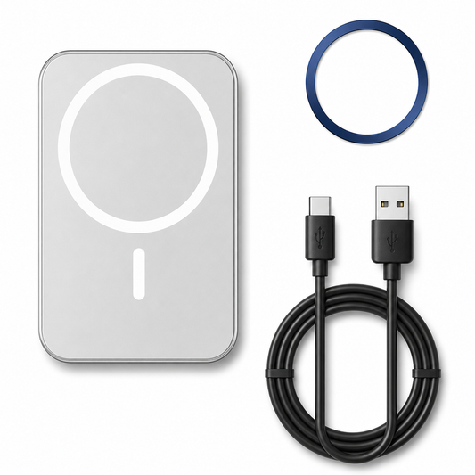 Silver rectangular magnetic car charger with a white ring and short bar on its face, shown beside a blue adhesive ring and a coiled black USB cable.