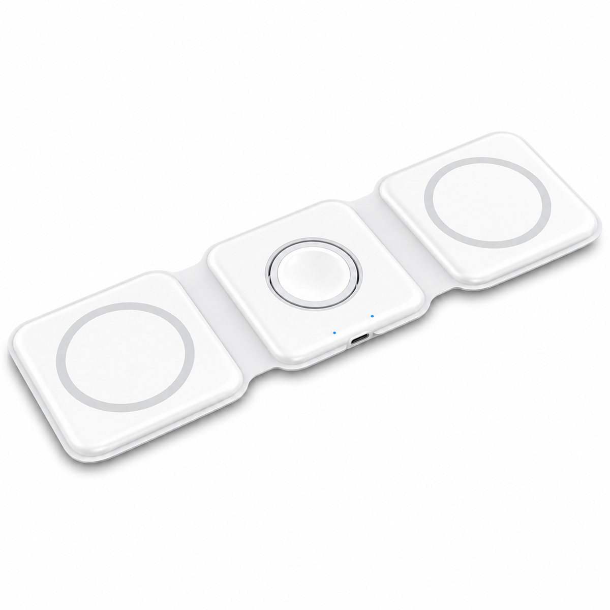 A white three-panel folding charger lies flat on white, with gray rings on the outer pads and a round watch charging area in the middle.