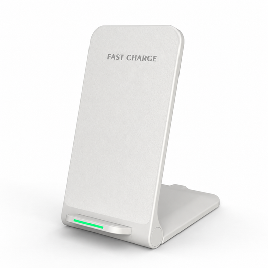 White folding wireless charging stand with a tall rounded rectangular panel, a phone support lip and a green indicator light on its base.