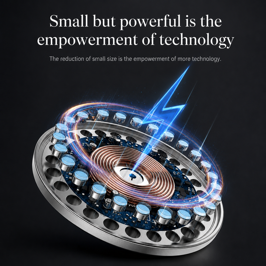 An exploded circular charger reveals a copper coil surrounded by electronic components and a metallic-looking ring. Blue lightning graphics illustrate power; text advertises compact technology.