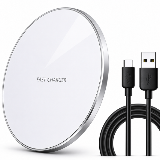 A thin round white charging pad with a silver-colored rim stands beside a coiled black USB-C to USB-A cable.