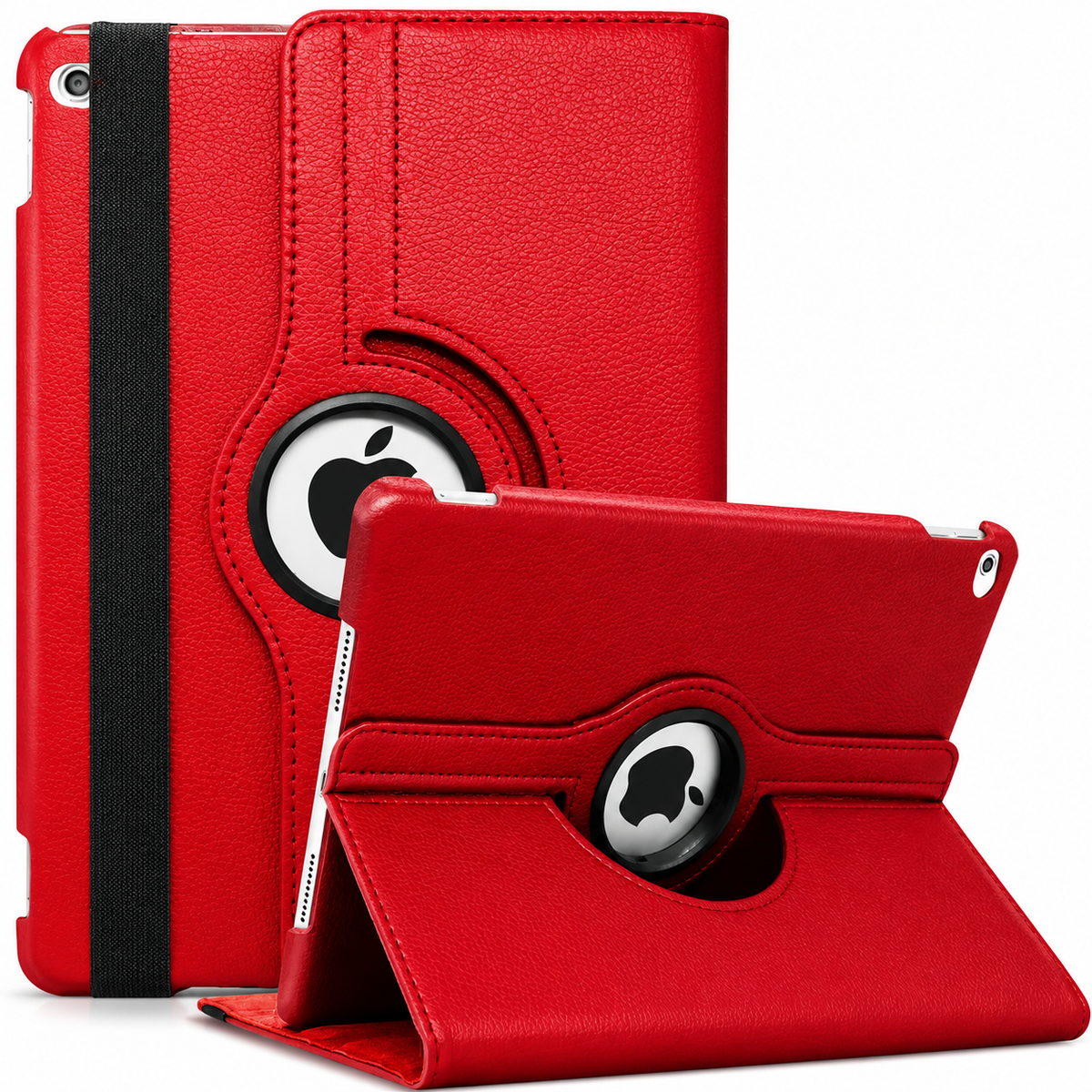 A red tablet folio appears closed from behind with a black elastic strap and circular logo opening, alongside a rear view of its horizontal stand.