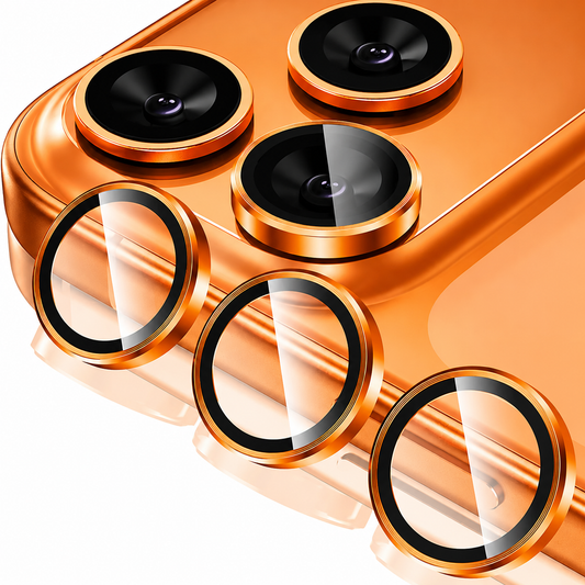 Close-up of an orange phone's three rear cameras with orange metallic-colored lens rings. Three separate clear circular protectors with black inner borders sit in front.