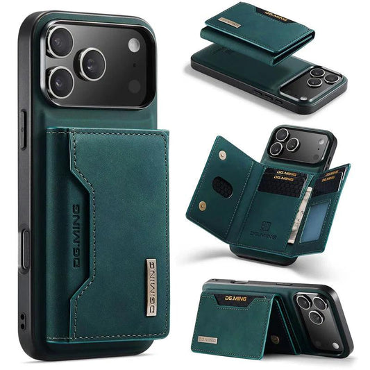 Teal leather-look phone case with a stitched rear wallet, shown closed, detached above the phone, unfolded with card and cash slots, and folded into a horizontal stand. DG.MING branding appears on the wallet.