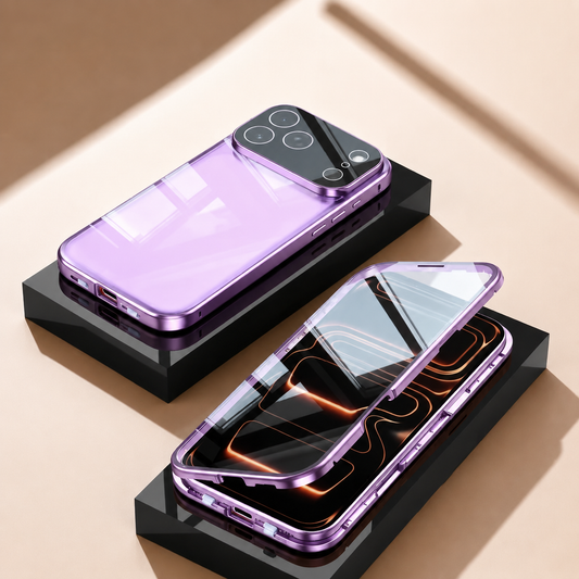 Purple case components and phones rest on staggered black platforms against tan. A transparent front shell sits partly lifted above a phone, while another displays its reflective purple back.