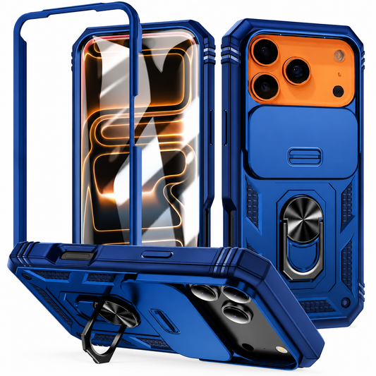 Blue rugged phone case in frame, front, rear and horizontal stand views, with reinforced corners, a sliding camera cover and black folding ring.