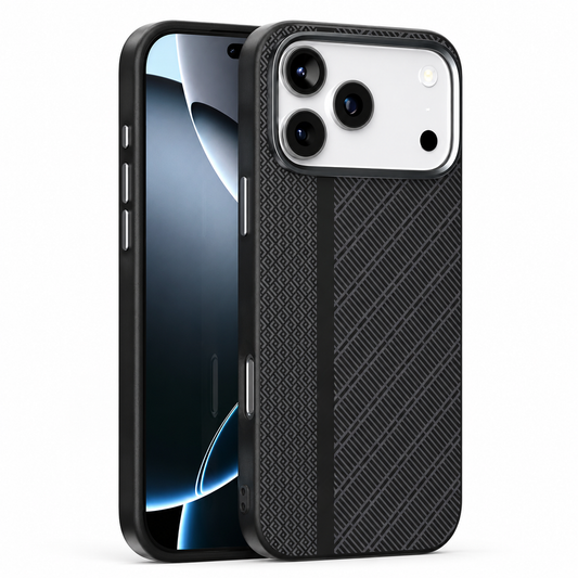 Front and rear views of a black case show fine diagonal ribbing across its back and a narrow textured vertical strip. The large silver camera opening exposes three lenses.