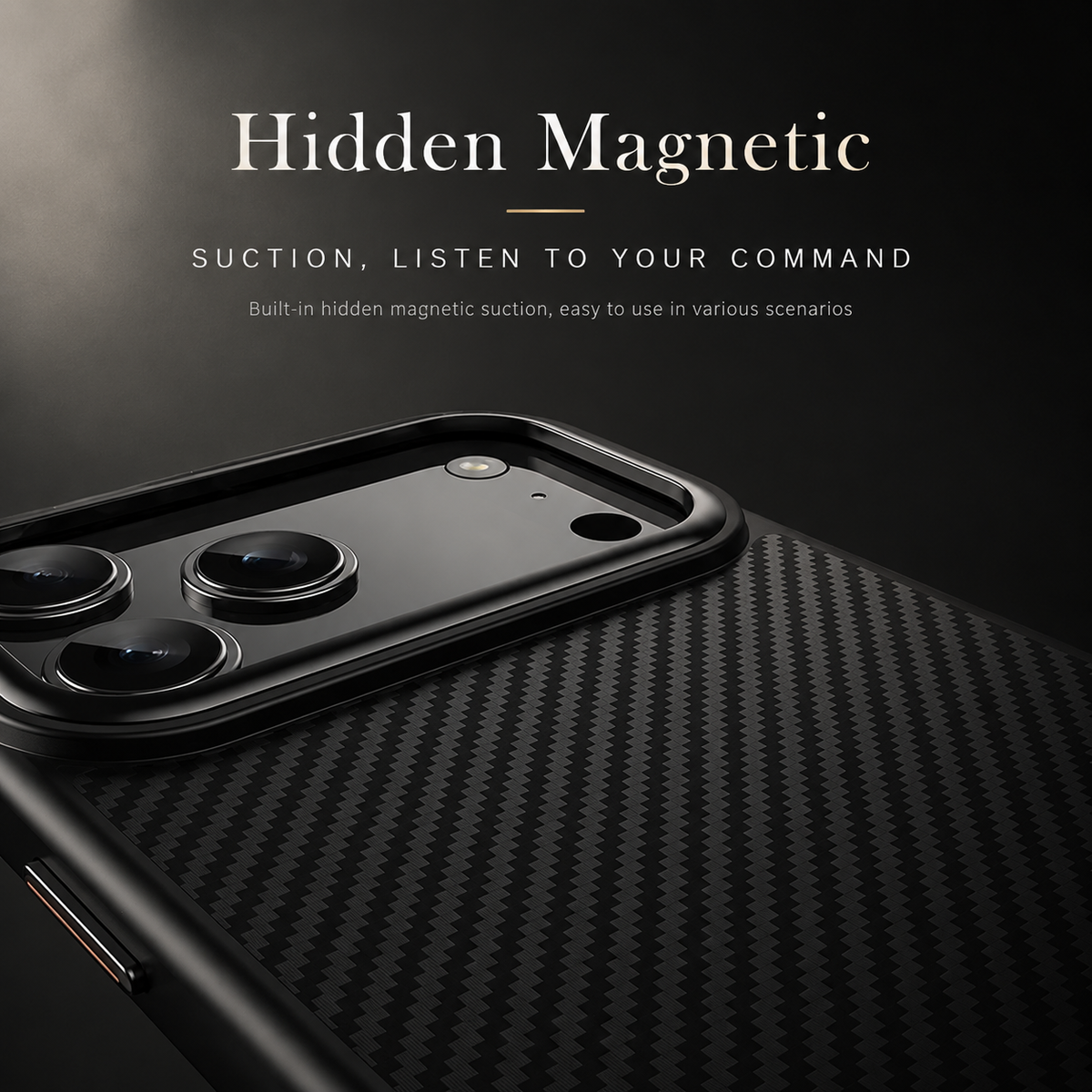 A close-up shows the black case's diagonal woven back and raised surround around three camera lenses. The heading Hidden Magnetic advertises built-in magnetic attachment.