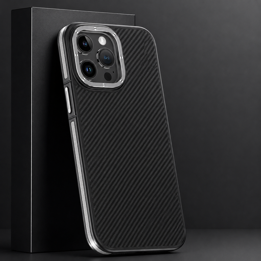 A black diagonal-weave case with silver side strips leans against a black rectangular retail box on a dark display surface. A raised silver-colored ring encloses the camera panel and has small screw-like details around its edge. Colored button covers accent the narrow black rim.