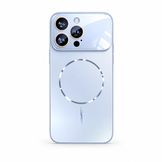 A pale blue glossy phone case stands against white, showing a silver-colored circular rear ring, small lightning-like mark and broad reflective three-camera panel.