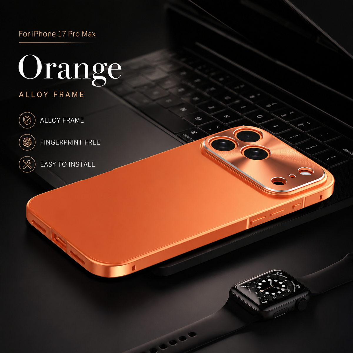 An orange-cased phone rests beside a black laptop and wristwatch. Text labels the color Orange and advertises an alloy frame, fingerprint resistance and easy installation.