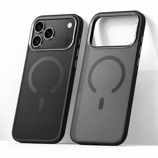 A black phone and its empty smoky gray case stand on a white surface. Both show a dark magnetic ring on the translucent back and a shiny border around the camera opening.