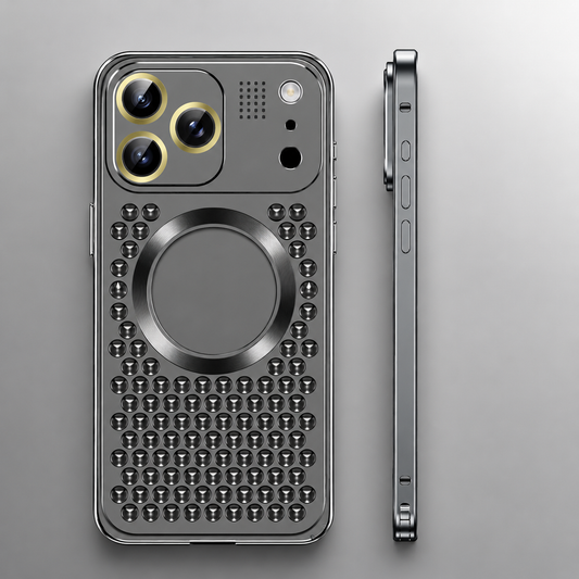 Rear and thin side views of a dark gray phone case stand on gray. Rows of rounded ventilation holes surround a circular magnetic ring below its camera panel.