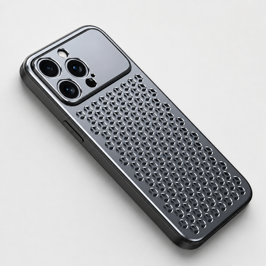 Dark gray case lies diagonally on pale gray, showing a perforated metal-looking back with rows of rounded three-lobed ventilation holes and a broad raised camera opening.