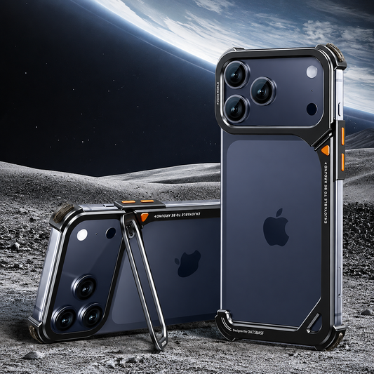 Black-framed phones stand upright and horizontally on a gray lunar landscape beneath Earth. The horizontal phone is supported by a narrow stand attached near the camera.