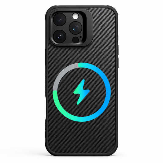 A black diagonal woven phone case stands on white with three camera lenses exposed. A turquoise and blue circular lightning symbol overlays its back to illustrate magnetic charging.