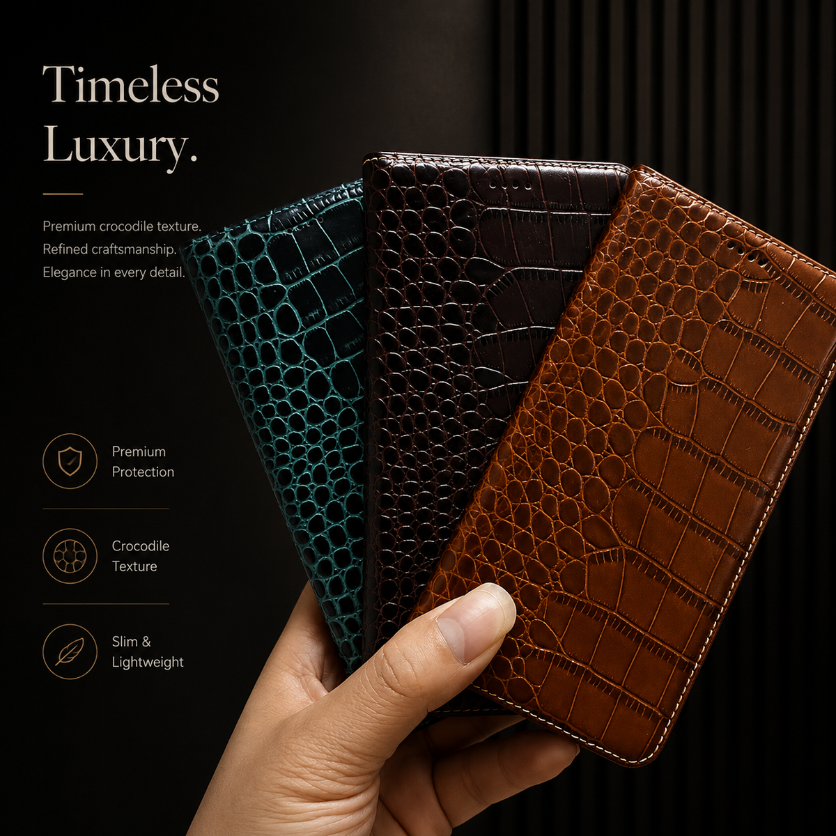 A hand fans turquoise-outlined black, dark brown and tan crocodile-pattern wallets against a dark background. Their glossy raised scales and stitched covers face forward. Text reads Timeless Luxury.