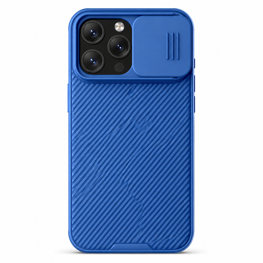 A blue case stands upright on white, with fine diagonal ridges and a matching rectangular sliding camera cover positioned beside the exposed lenses.