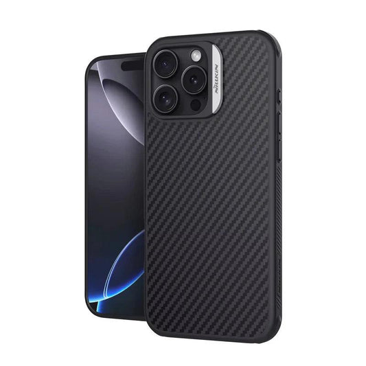 Front and rear views of a black diagonal-weave case stand on white. A silver accent strip runs beside its camera panel, which has individually outlined lens openings. The slim black rim contains covered side buttons, while the front screen displays curved blue and gray light against black.