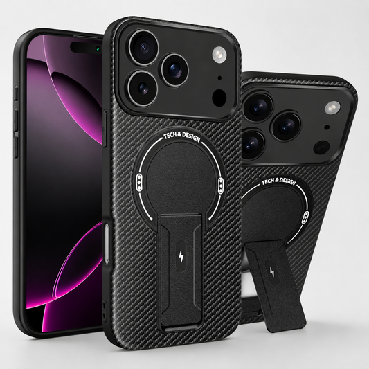 Black carbon-fiber-pattern case shown front, rear and propped upright by its extended rectangular kickstand beneath a circular panel.
