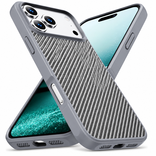 Front and rear views show a gray case with a silver-and-black diagonal pattern, raised camera border and separate side controls.
