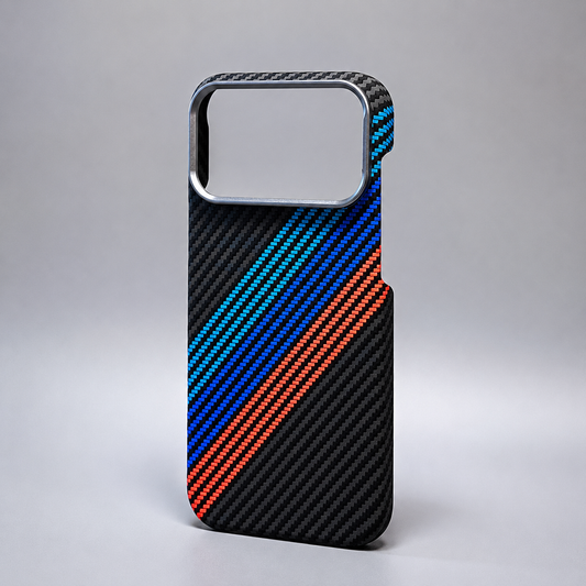 An empty black case stands against gray, with bold blue and red diagonal bands crossing its textured back.