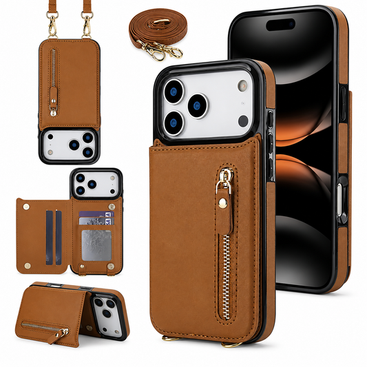 A collage shows a brown wallet phone case with a vertical gold-colored zipper, matching long strap, folding card panels and landscape stand position.
