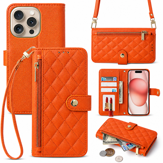 A collage shows an orange quilted wallet case in front, rear, open and strap-hanging views. A side zipper opens to reveal cards and cash, and a tab fastens the flap.