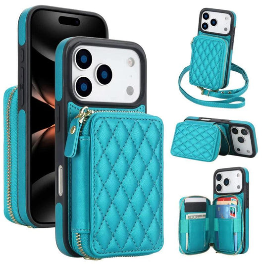 A turquoise phone case with a diamond-quilted zippered wallet appears from several angles on white. Insets show a long strap, a horizontal stand position and an open wallet with cards.