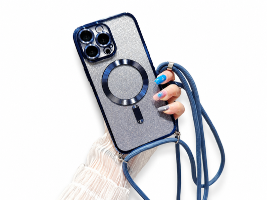 A hand holds a silver glitter case with blue edges, a blue metallic magnetic ring design and a matching long cord strap hanging below.