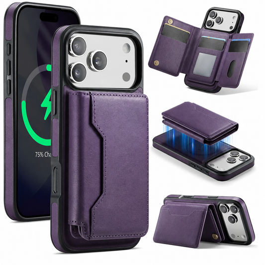A collage shows a purple phone case with a closed folding wallet, opened card slots and photo window, detached wallet and landscape stand configuration.