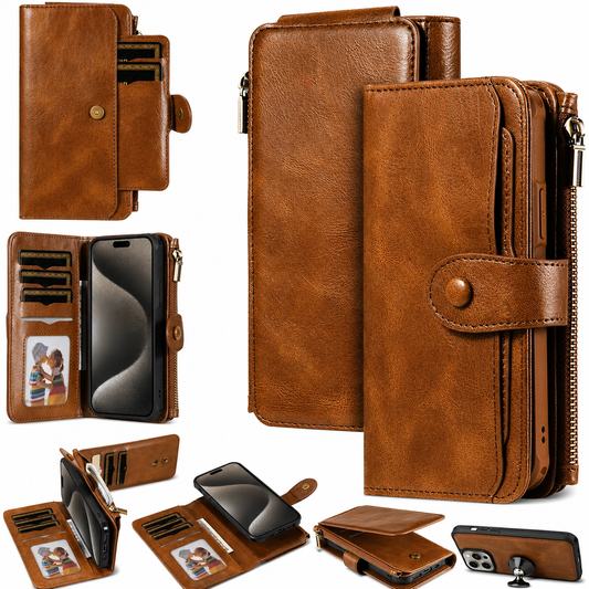 A collage shows a brown leather-look wallet phone case closed and open, with a snap tab, gold-colored zipper, card slots, clear photo pocket and detachable phone cover.