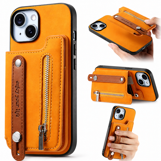 An orange phone case has a matching rear zippered wallet and brown finger strap. Smaller views demonstrate a hand grip, horizontal stand and strap use.