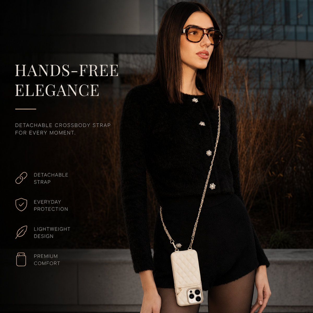 A woman wearing glasses and a black outfit stands outdoors with a cream quilted wallet phone case hanging from a crossbody chain. Text advertises a detachable strap, protection and light weight.