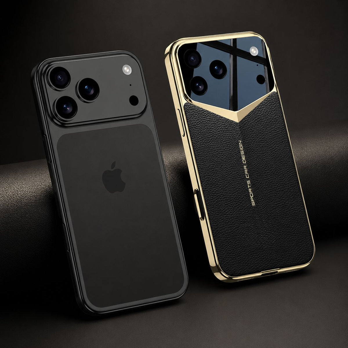 A dark phone without a case stands beside the black-and-gold textured case on a dark platform, illustrating the added frame and angular camera surround.