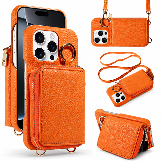 Front and rear views of an orange pebbled wallet phone case on white. A rectangular zippered pouch projects from the back below a gold ring clasp beside the camera. Gold loops and strap hooks line the edges. Smaller views show the long matching shoulder strap and horizontal stand position.